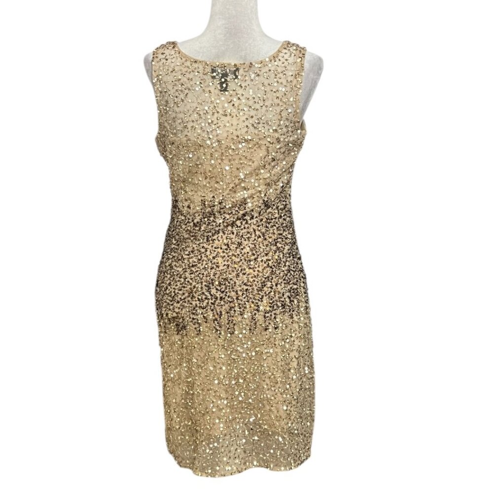 Adrianna Papell Gold Sequin Evening Dress Size 12 Cocktail Party Gown - Picture 3 of 12